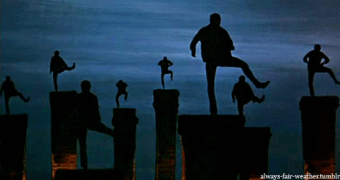 Silhouette of Chimney sweepers dancing on chimneys tops - a scene from Mary Poppins